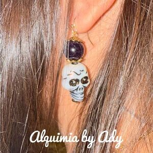 Maximalist big amethyst and ceramic skull gold statement earrings